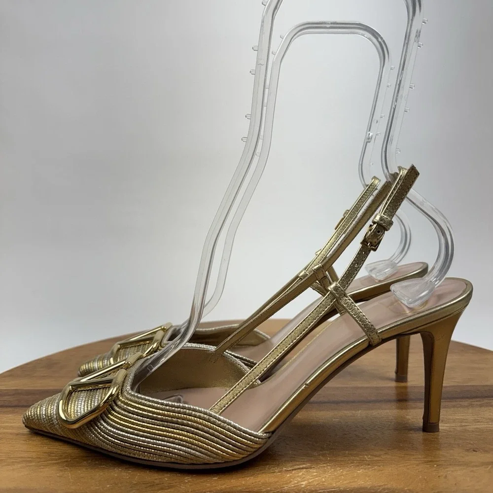 Womens Valentino Garavani VLOGO Gold Metallic Slingback Heels SZ 37.5 MSRP $1370